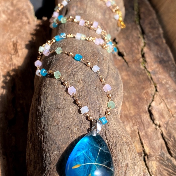 Austrian Crystal Dandelion Resin Blue Minimalist Necklace - Picture 8 of 9